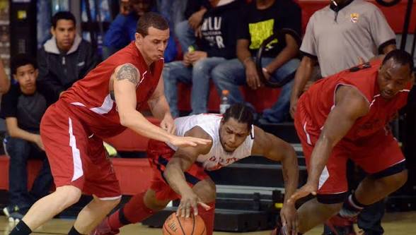 Full-court pressure and a loose ball scramble during a Kingdom Abound pro-am scrimmage (Summer 2024)